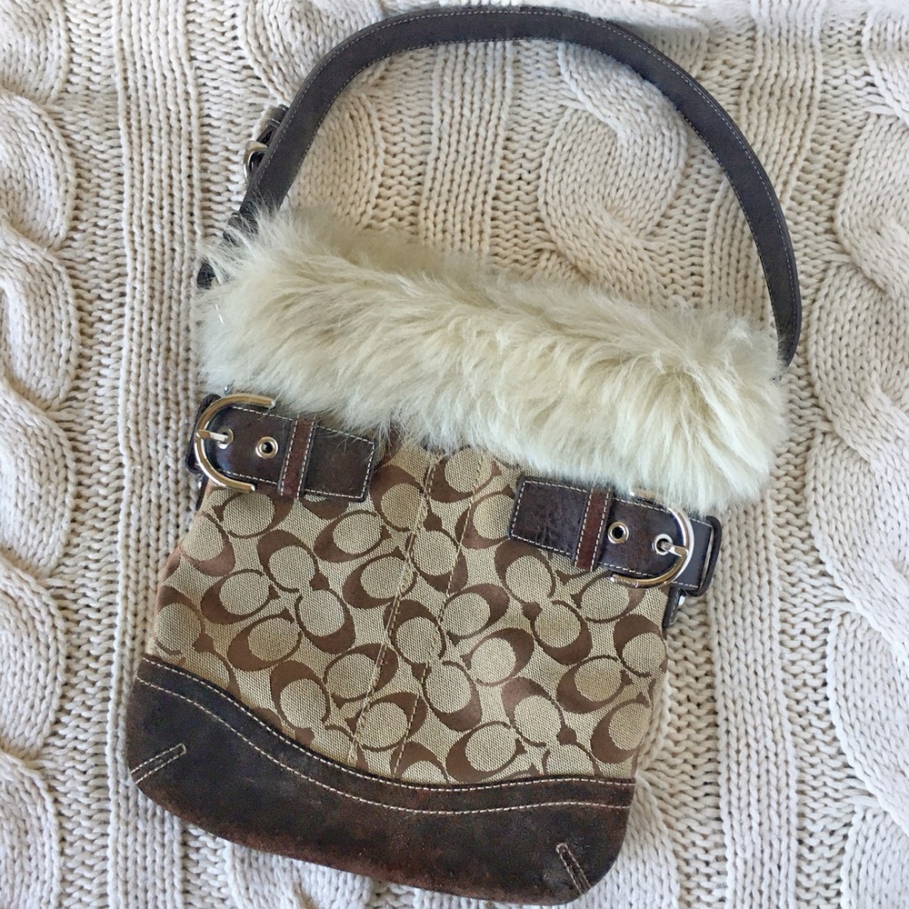 Coach Purse Brown Suede Bottom Shearling Fur White Cream Shoulder Bag Strap